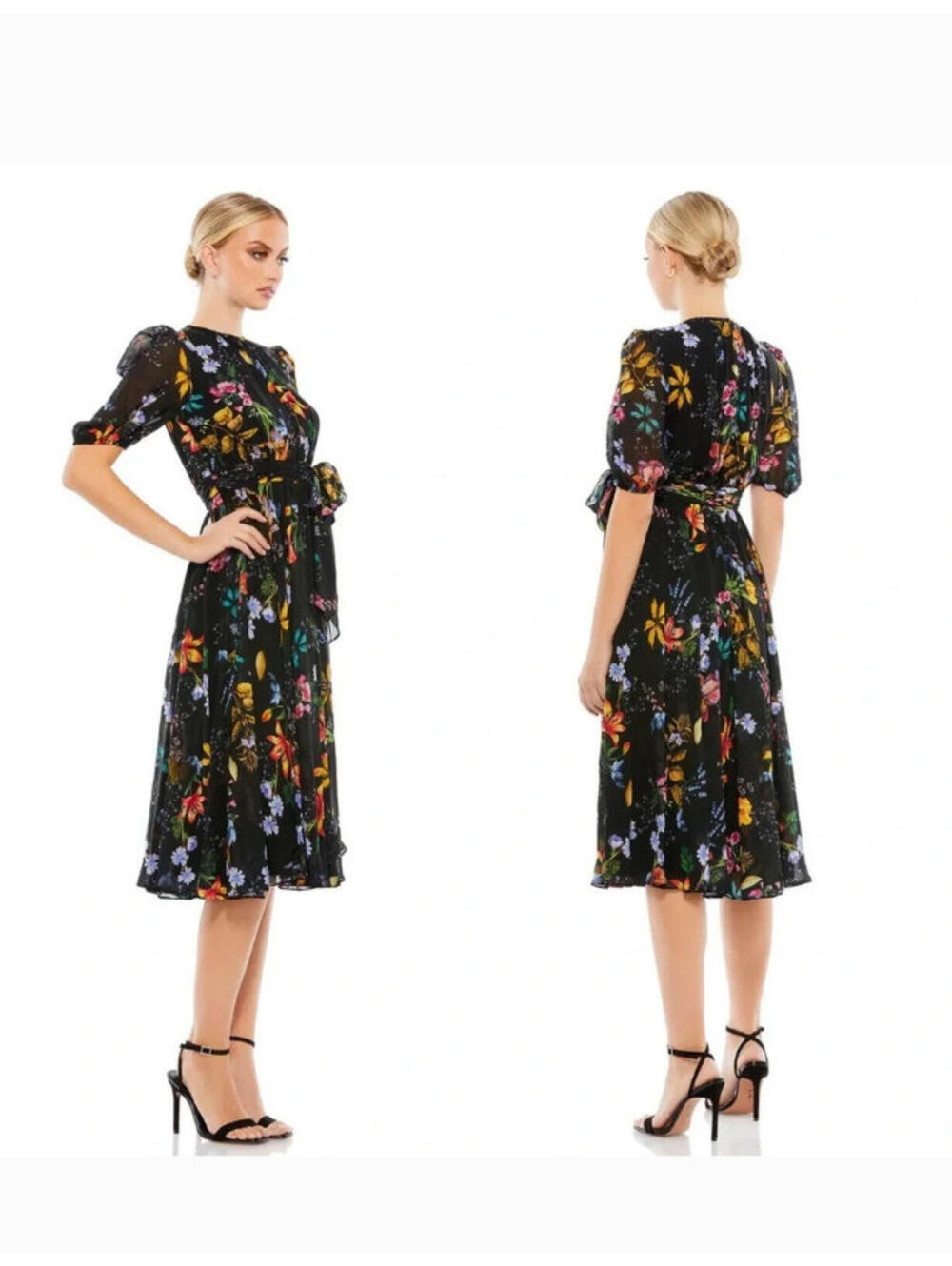 NWT Ieena Mac Duggal 55625 Black Floral Chiffon Midi Size 8